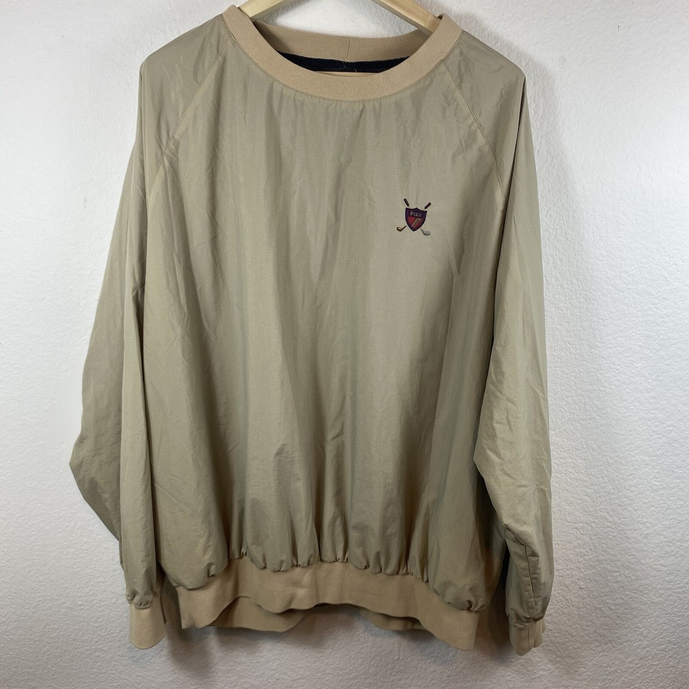 Polo Ralph Lauren Men's XL Pullover Windbreaker Beige Crewneck Logo Pockets